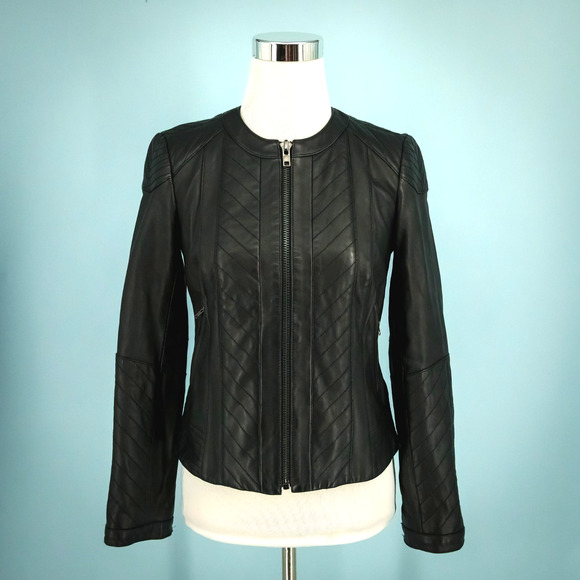 Tory Burch Size 4 Daphne Black Leather Quilted Zip Zipper Sleeve Jacket Coat
